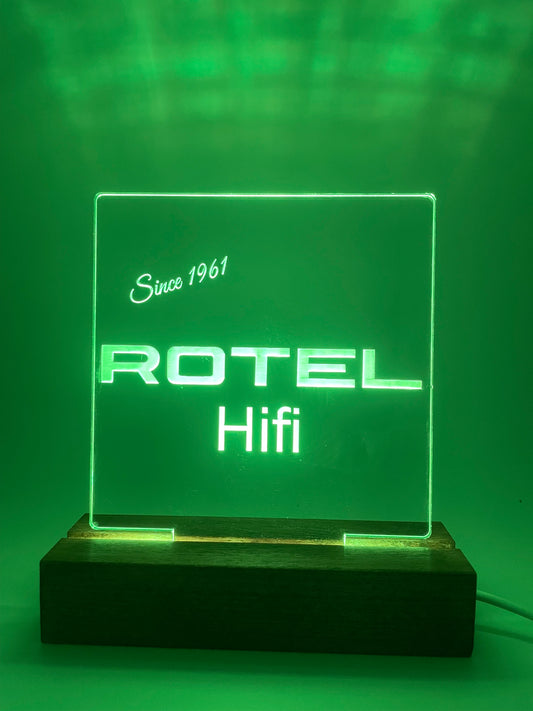 LED Acrylic Rotel Hifi Music Sign with Wood Base