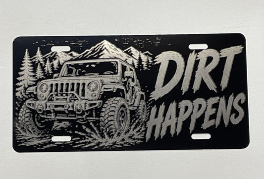 Gloss Black Aluminum Car Tag Laser Engraved "Dirt Happens"
