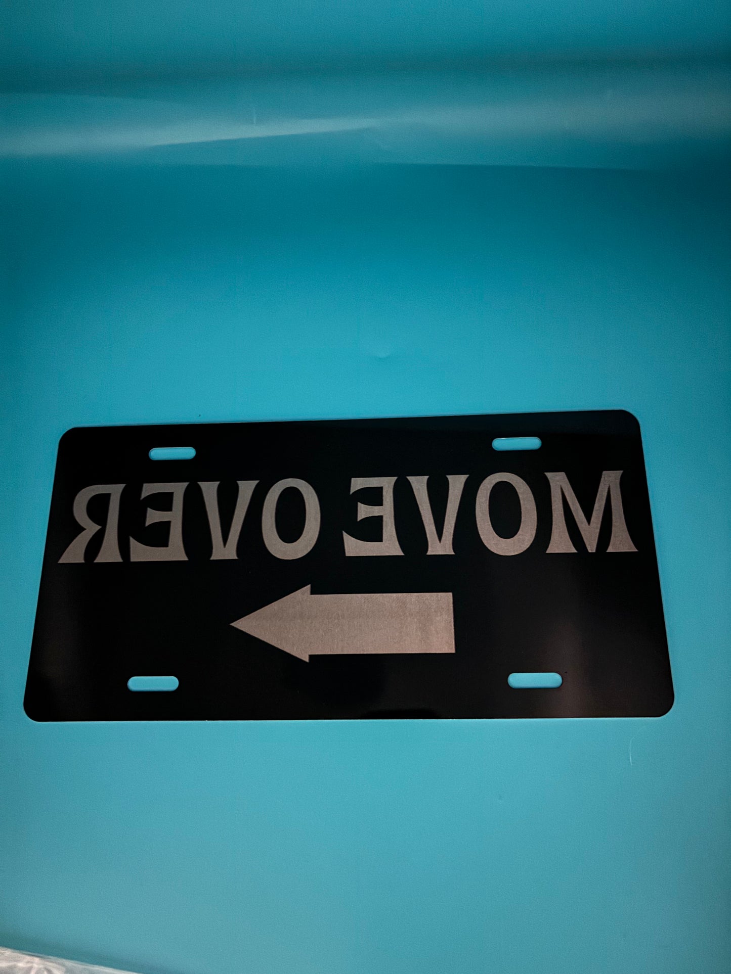 Black License Plate Reverse Letters MOVE OVER Car Tag