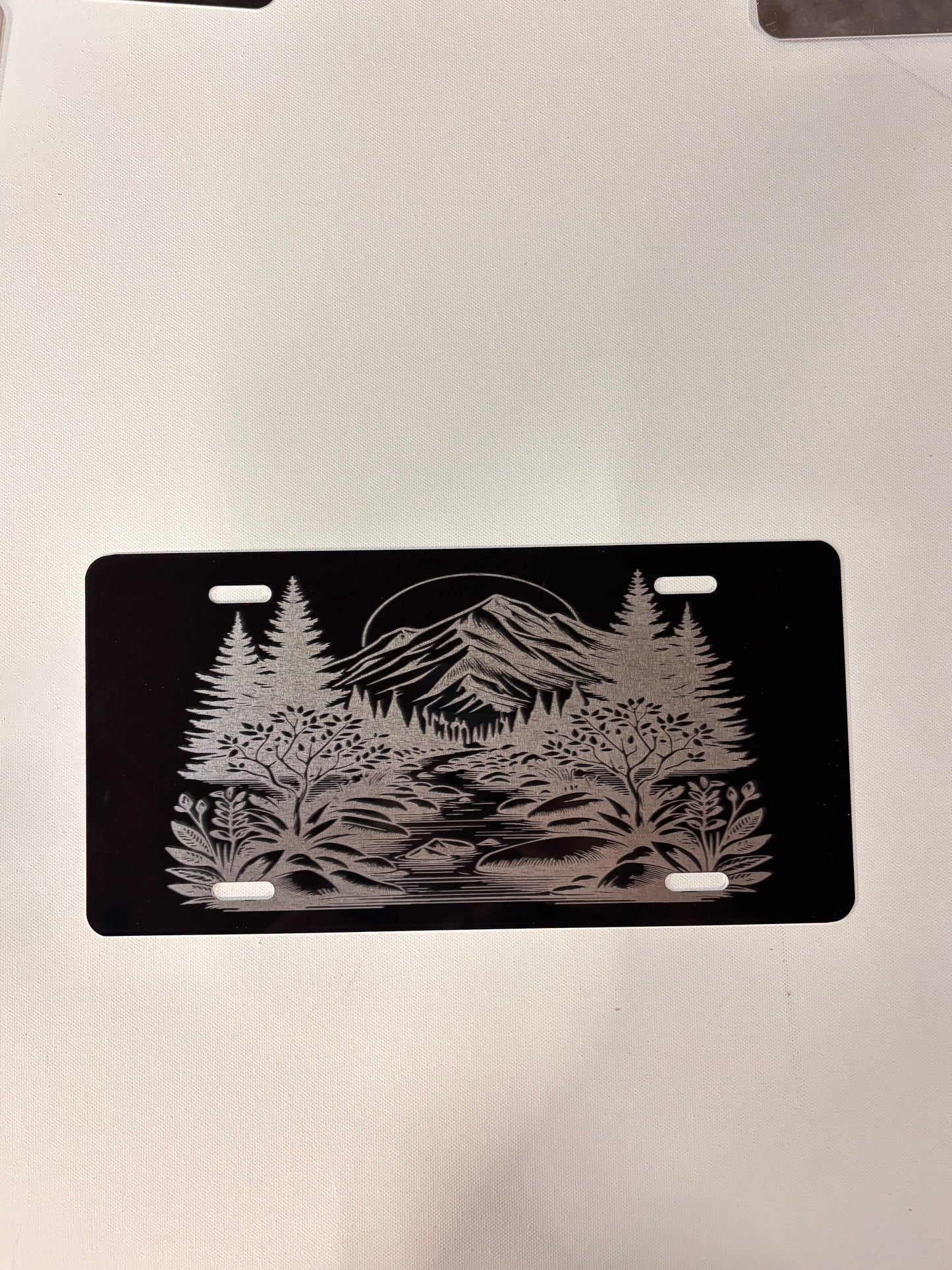 Gloss Black Aluminum Car Tag Laser Engraved  Mountain
