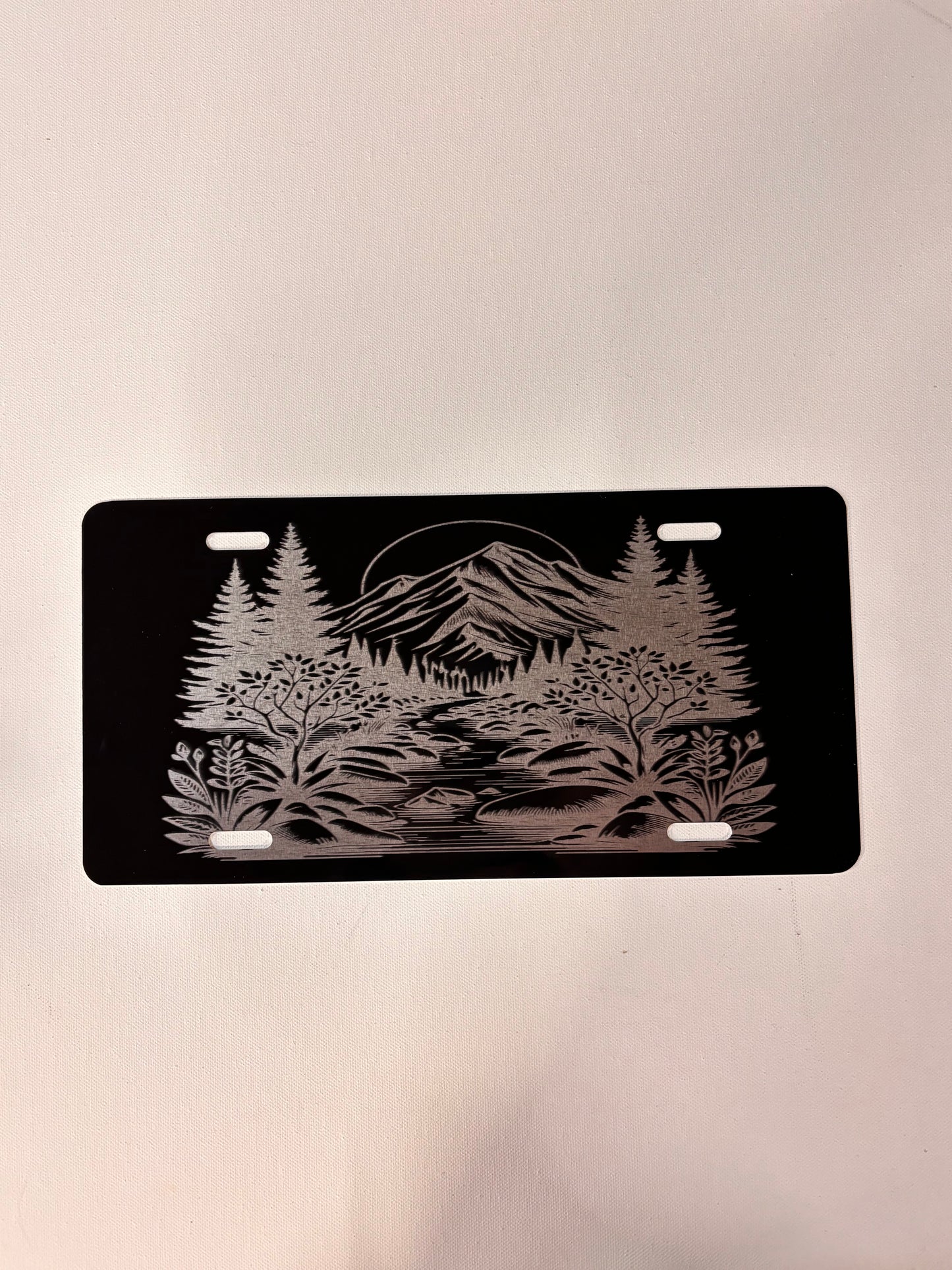 Gloss Black Aluminum Car Tag Laser Engraved  Mountain