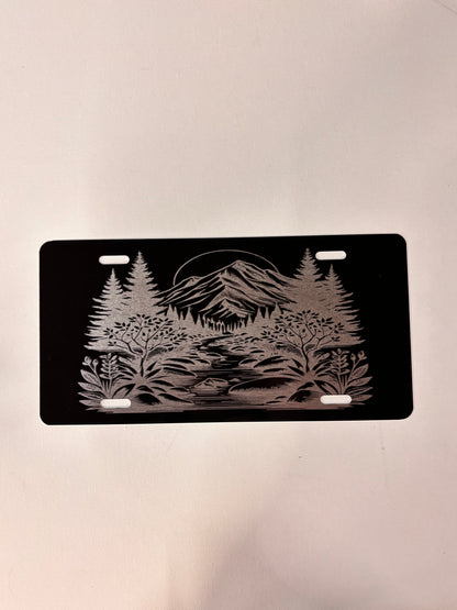 Gloss Black Aluminum Car Tag Laser Engraved  Mountain