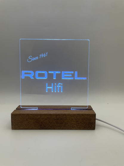 LED Acrylic Rotel Hifi Music Sign with Wood Base