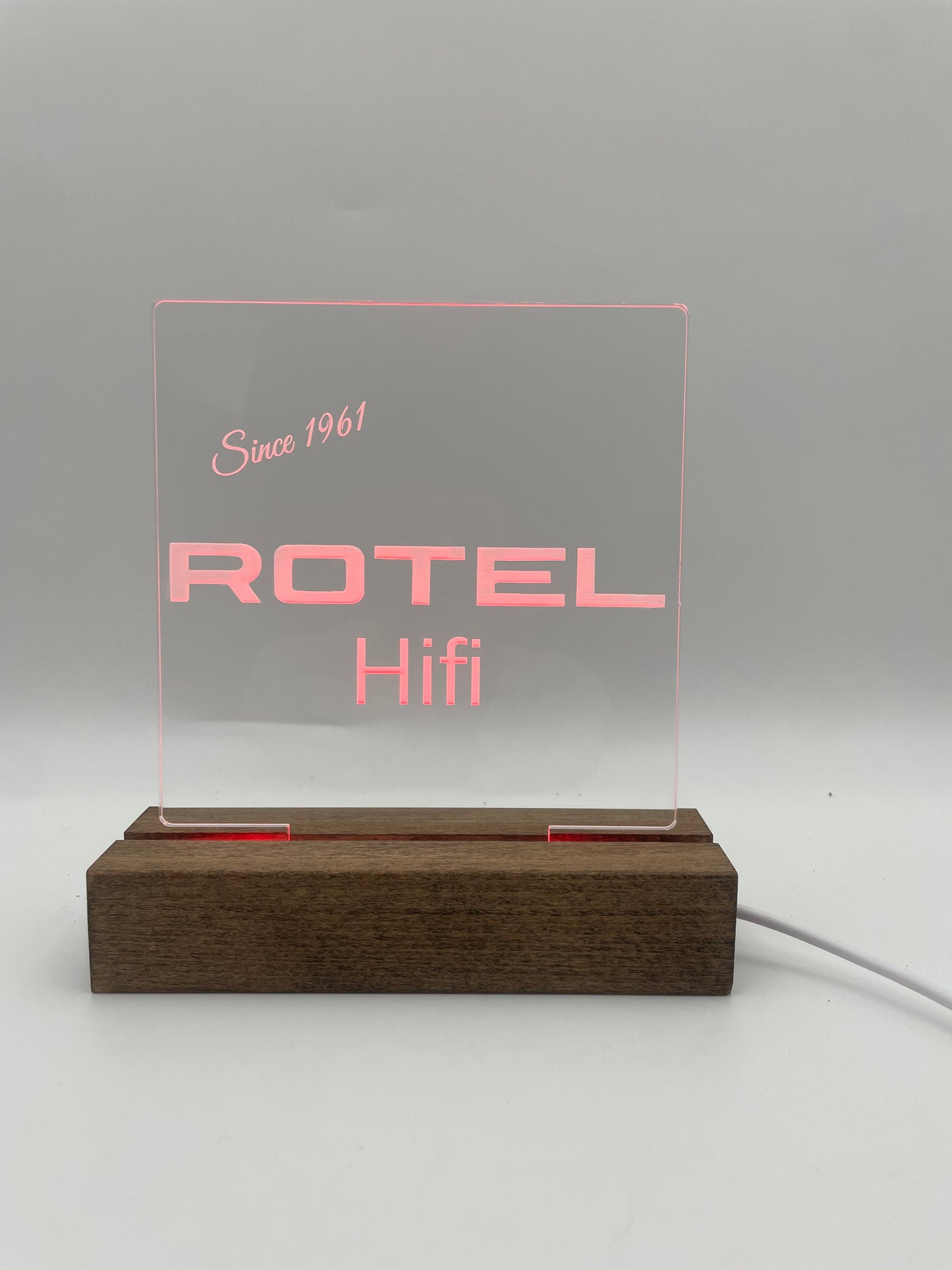 LED Acrylic Rotel Hifi Music Sign with Wood Base