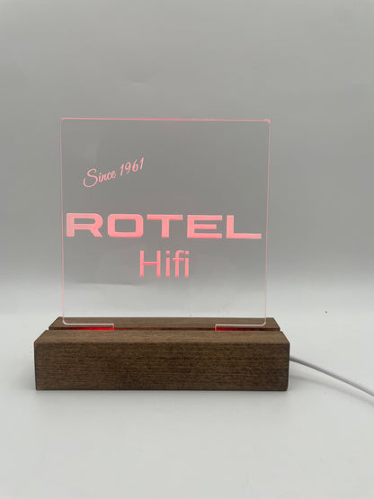 LED Acrylic Rotel Hifi Music Sign with Wood Base