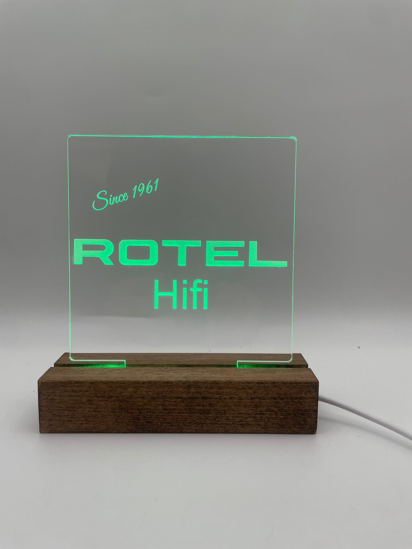 LED Acrylic Rotel Hifi Music Sign with Wood Base