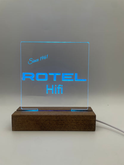 LED Acrylic Rotel Hifi Music Sign with Wood Base