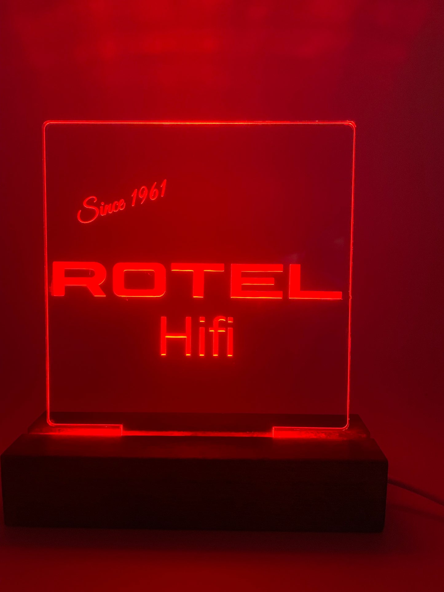 LED Acrylic Rotel Hifi Music Sign with Wood Base