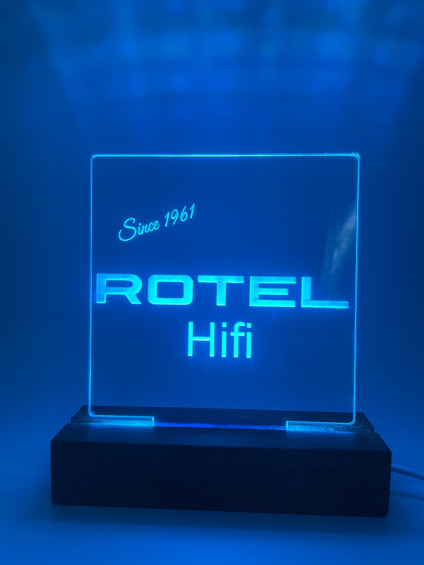 LED Acrylic Rotel Hifi Music Sign with Wood Base