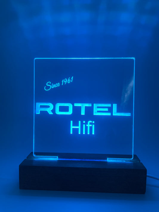LED Acrylic Rotel Hifi Music Sign with Wood Base