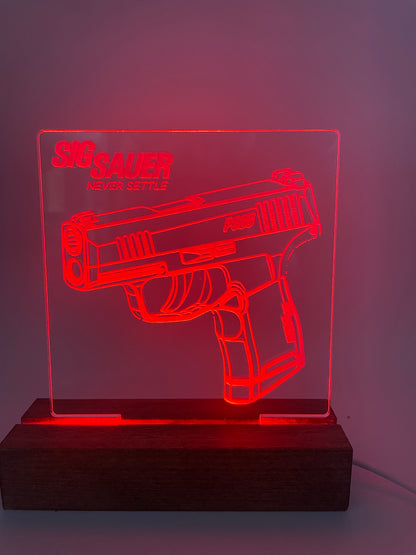 LED Acrylic Sign FireArms Lovers with Wood Base