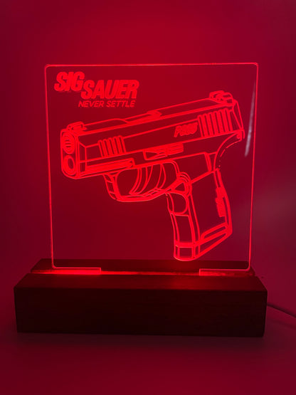 LED Acrylic Sign FireArms Lovers with Wood Base