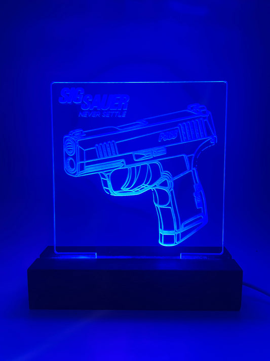 LED Acrylic Sign FireArms Lovers with Wood Base