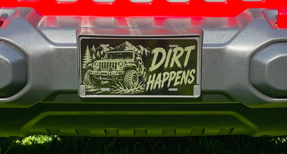 Gloss Black Aluminum Car Tag Laser Engraved "Dirt Happens"