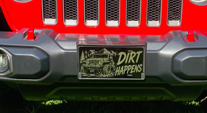 Gloss Black Aluminum Car Tag Laser Engraved "Dirt Happens"