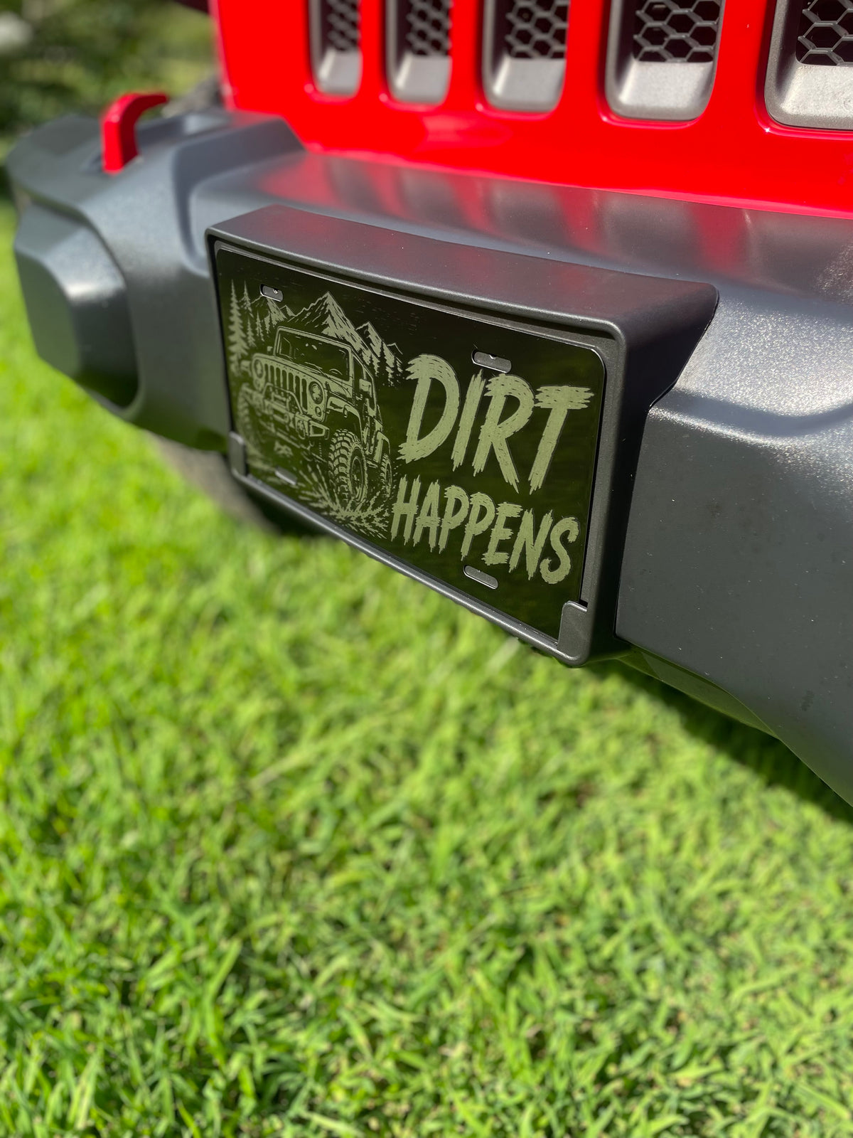 Gloss Black Aluminum Car Tag Laser Engraved "Dirt Happens"