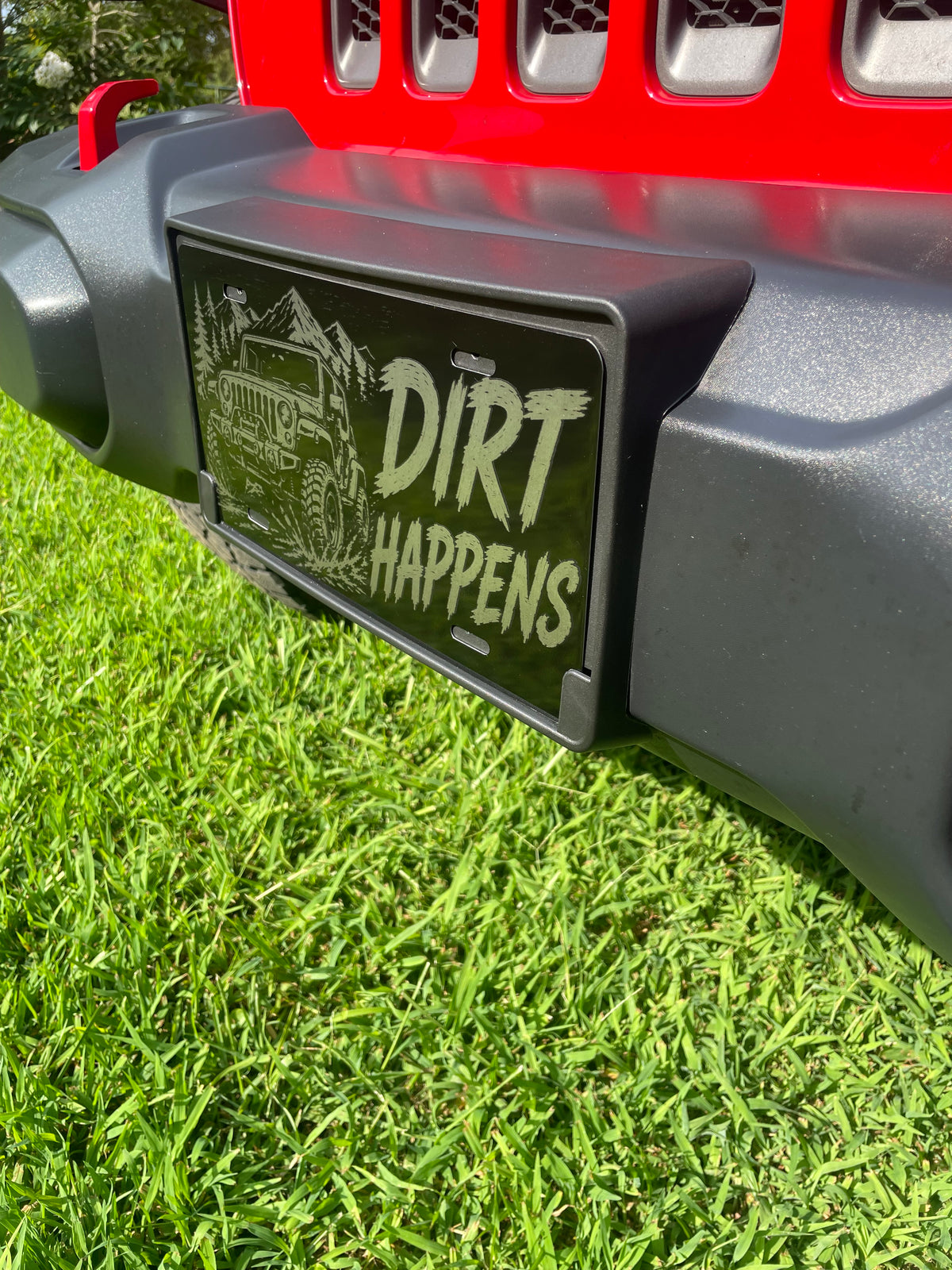 Gloss Black Aluminum Car Tag Laser Engraved "Dirt Happens"