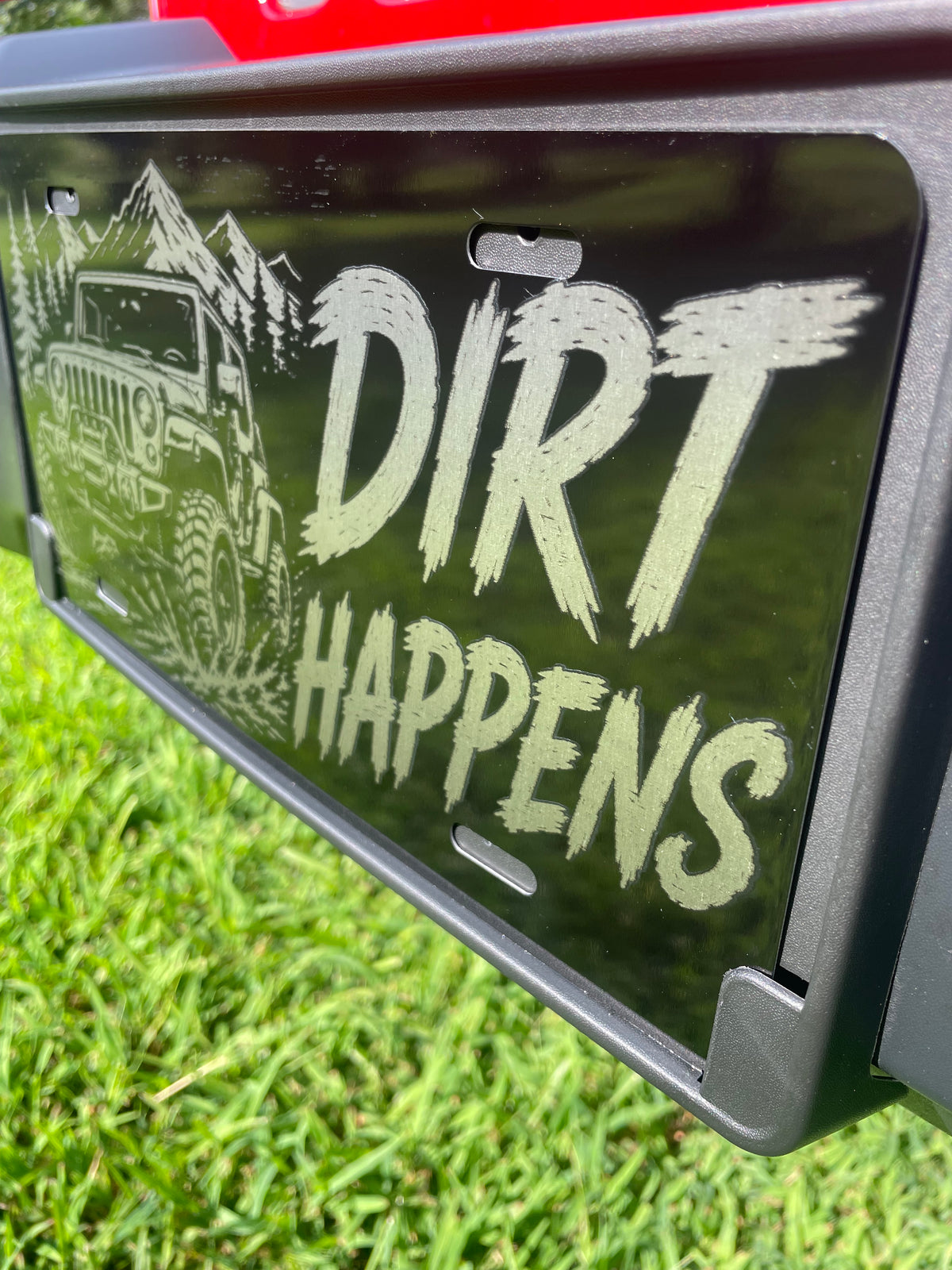 Gloss Black Aluminum Car Tag Laser Engraved "Dirt Happens"