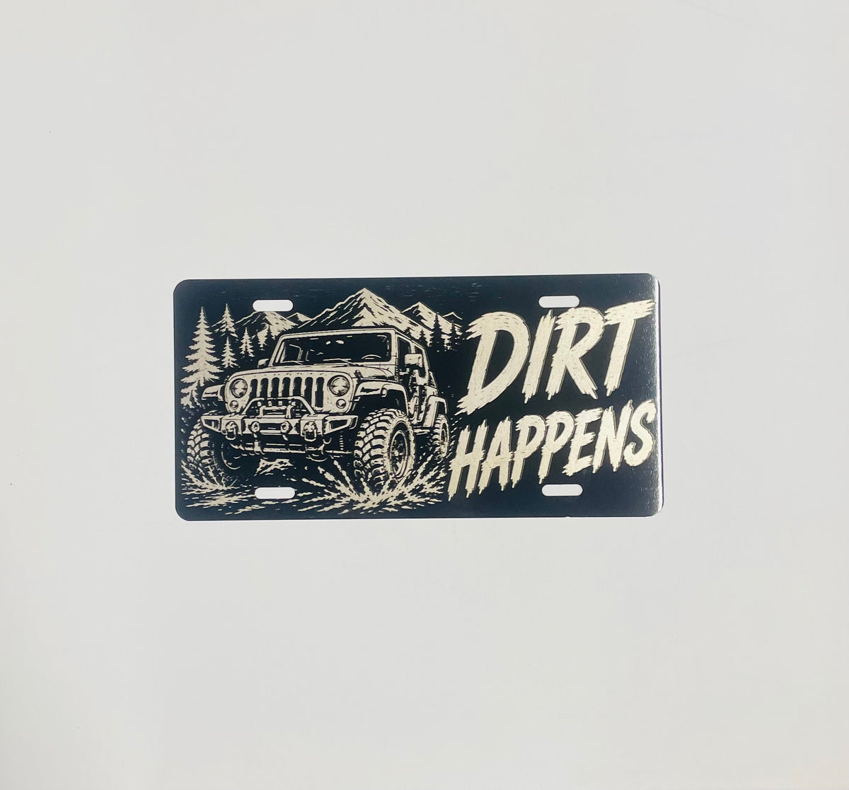 Gloss Black Aluminum Car Tag Laser Engraved "Dirt Happens"